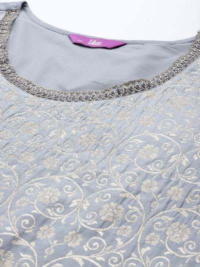 Plus Size Grey Woven Design Silk Blend Suit Set - Libas