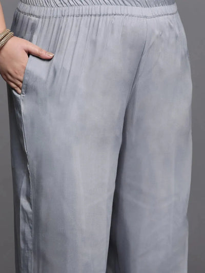 Plus Size Grey Woven Design Silk Blend Suit Set - Libas