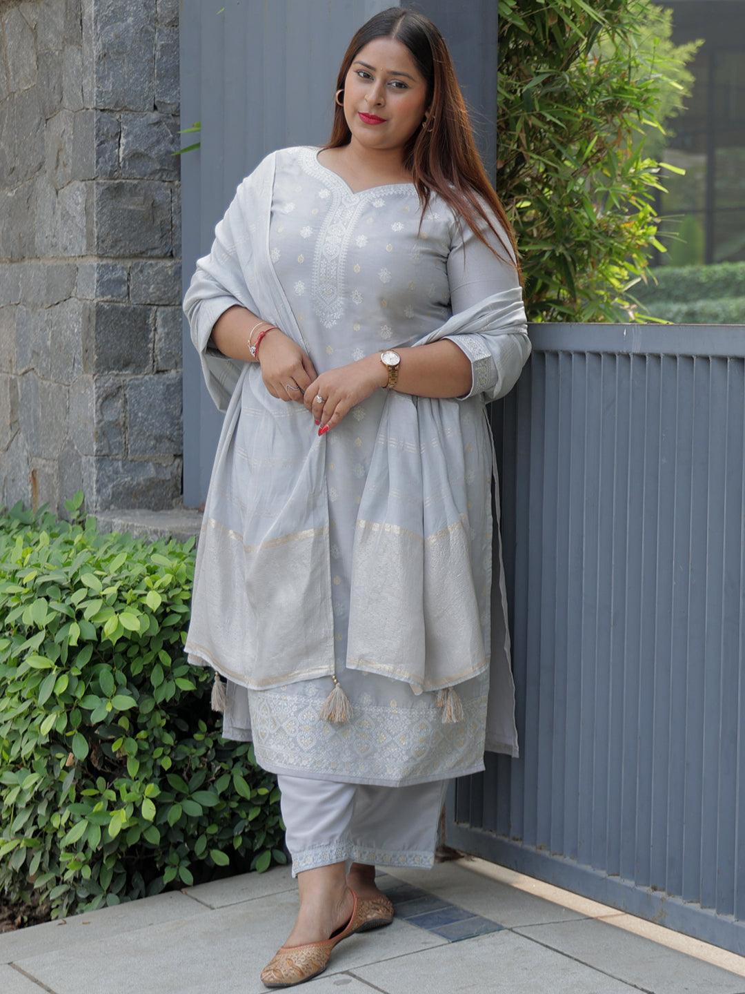 Plus Size Grey Woven Design Silk Blend Straight Kurta With Trousers & Dupatta