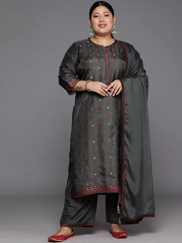 Plus Size Grey Woven Design Silk Blend Straight Suit Set - Libas