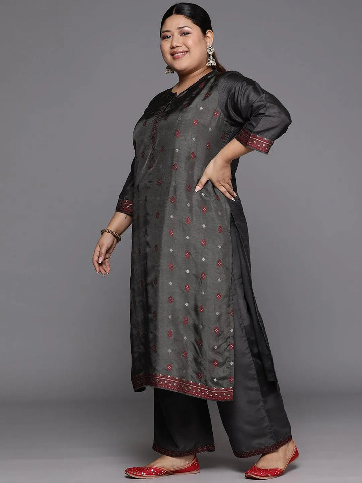Plus Size Grey Woven Design Silk Blend Straight Suit Set - Libas