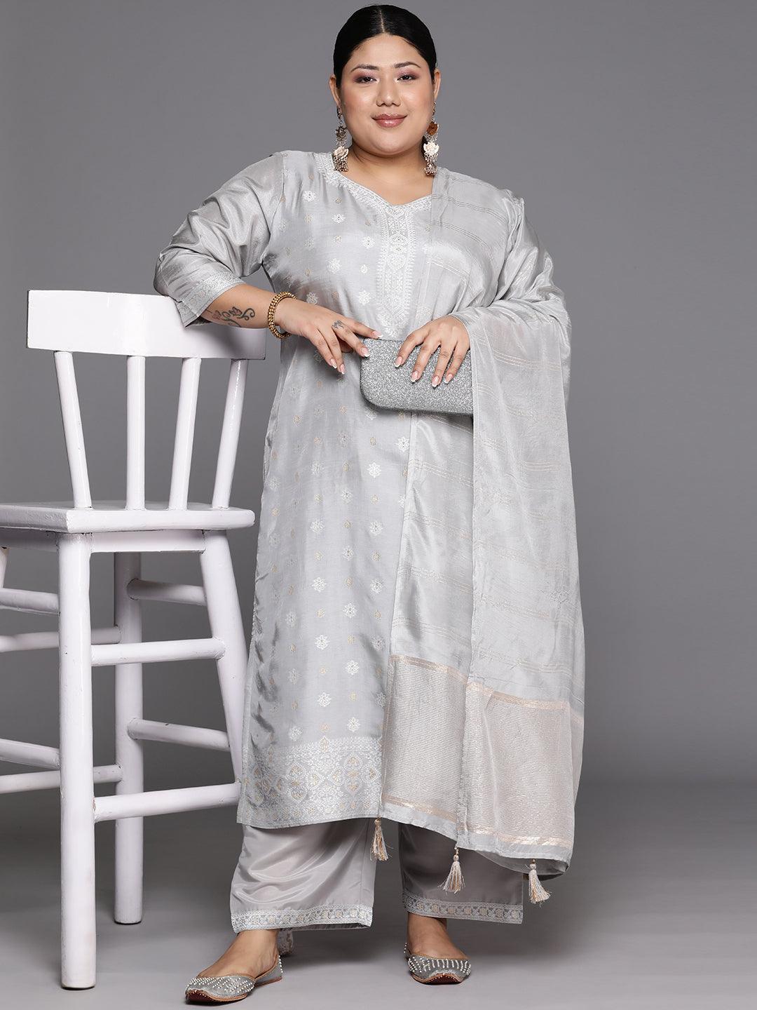Plus Size Grey Woven Design Silk Blend Straight Suit Set - Libas