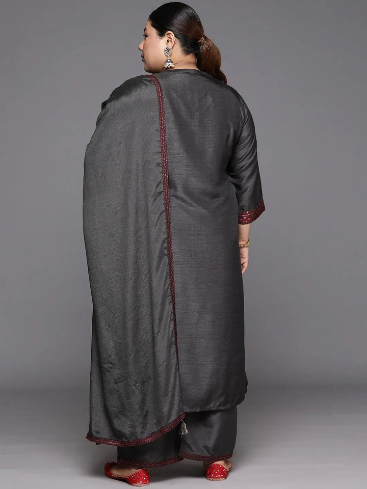 Plus Size Grey Woven Design Silk Blend Straight Suit Set - Libas