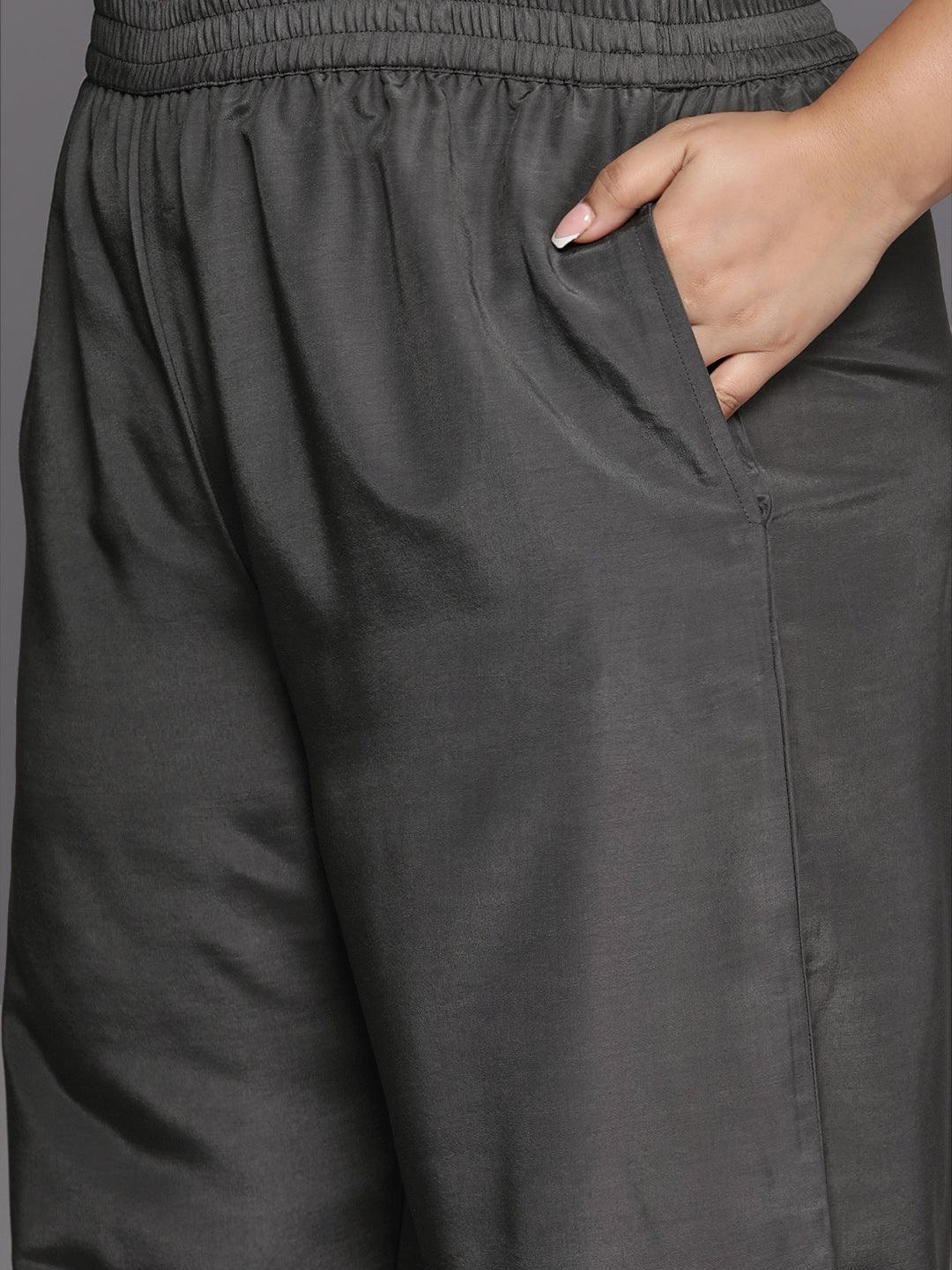 Plus Size Grey Woven Design Silk Blend Straight Kurta With Trousers & Dupatta