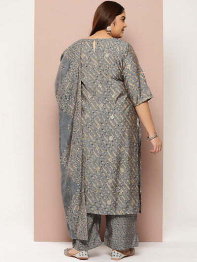 Plus Size Grey Yoke Design Silk Blend Straight Kurta With Trousers & Dupatta - Libas