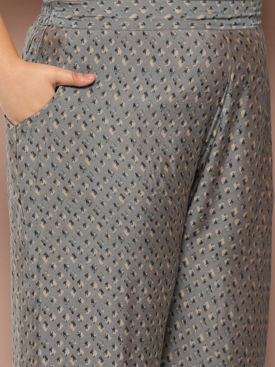 Plus Size Grey Yoke Design Silk Blend Straight Kurta With Trousers & Dupatta - Libas