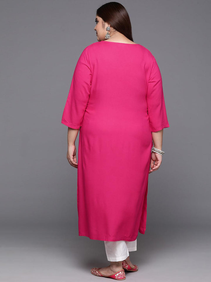 Plus Size Hot Pink Embellished Rayon Straight Kurta - Libas