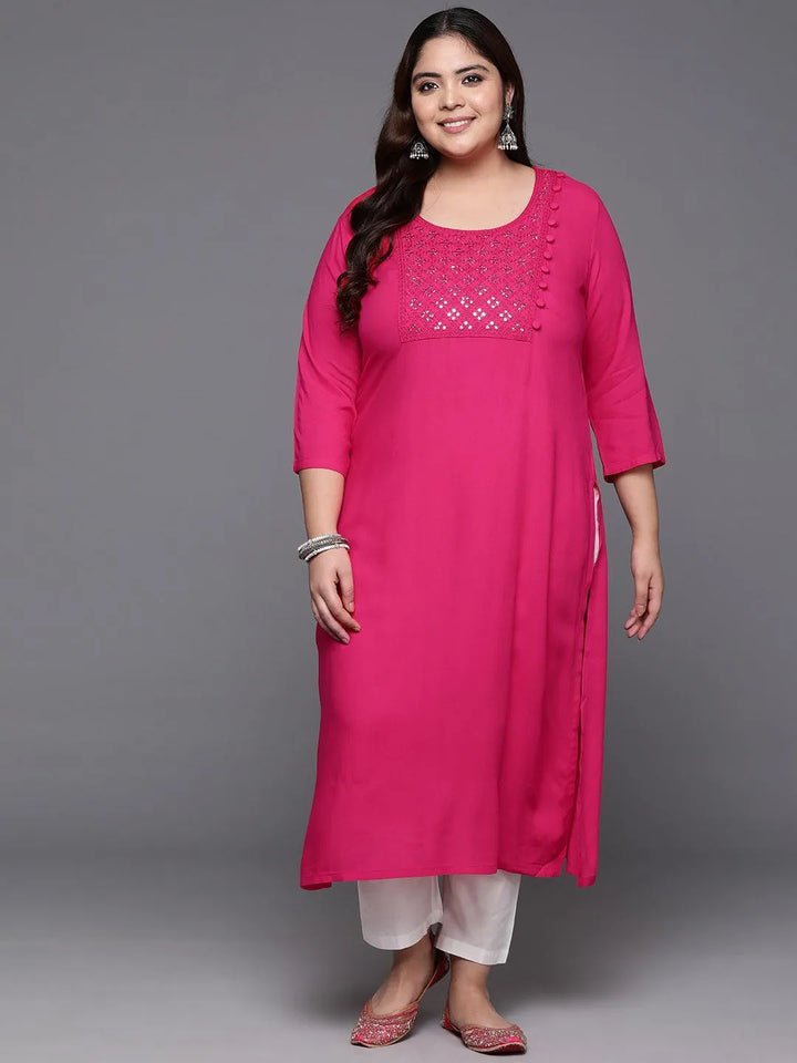 Plus Size Hot Pink Embellished Rayon Straight Kurta - Libas