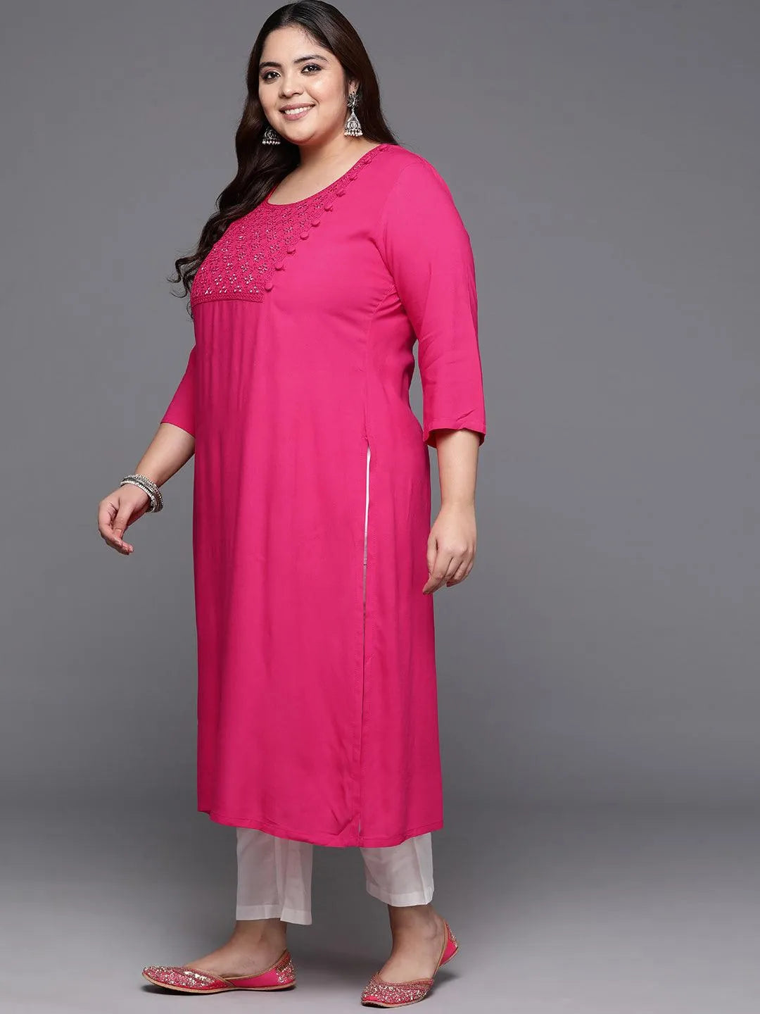 Plus Size Hot Pink Embellished Rayon Straight Kurta - Libas