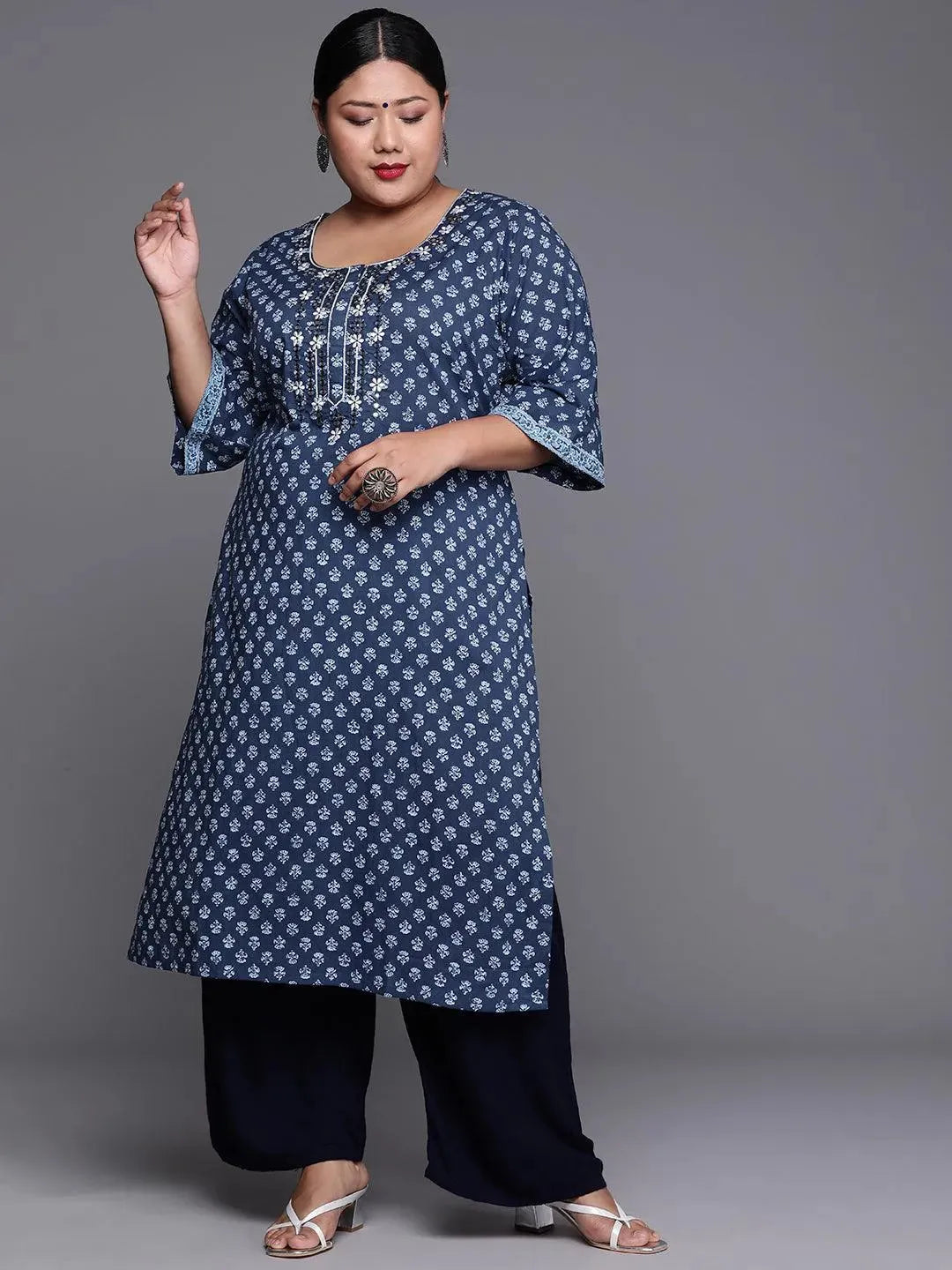 Plus Size Indigo Printed Cotton Kurta - Libas