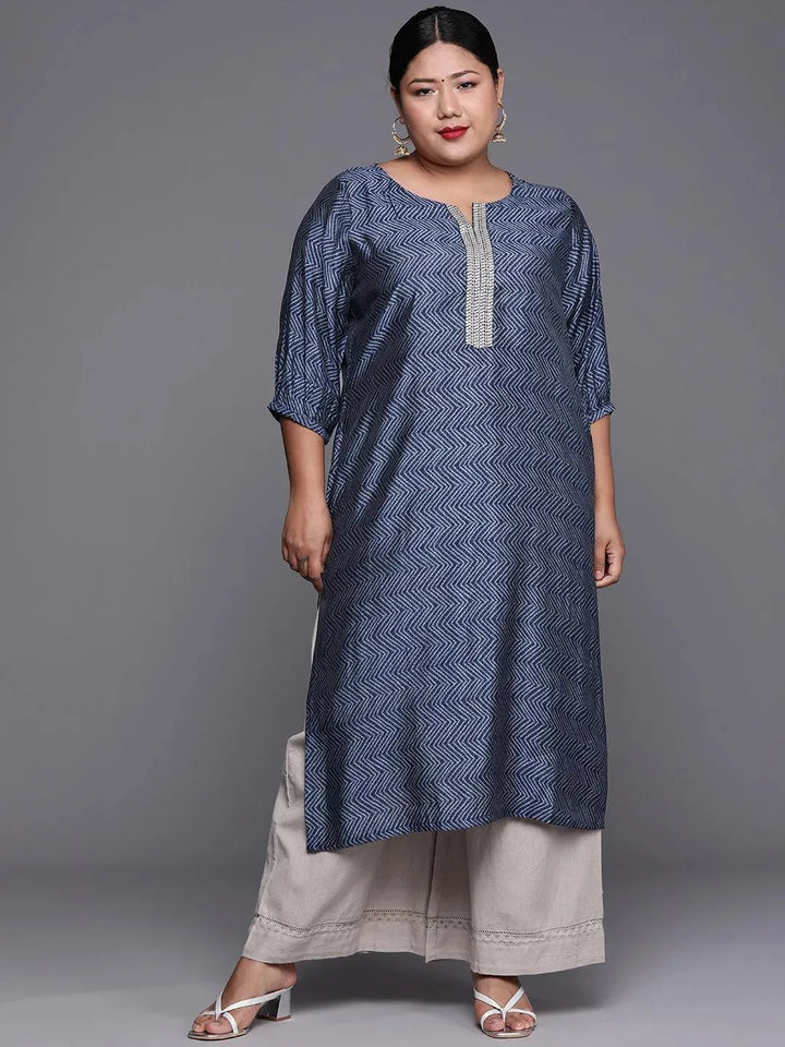 Plus Size Indigo Printed Silk Kurta - Libas