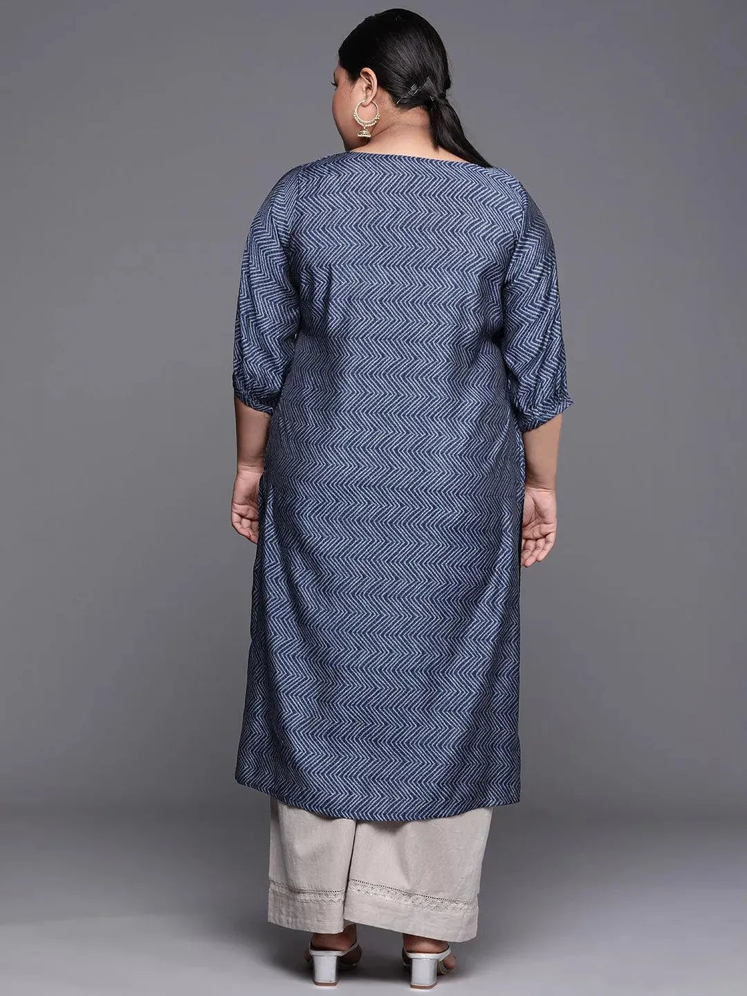 Plus Size Indigo Printed Silk Kurta - Libas