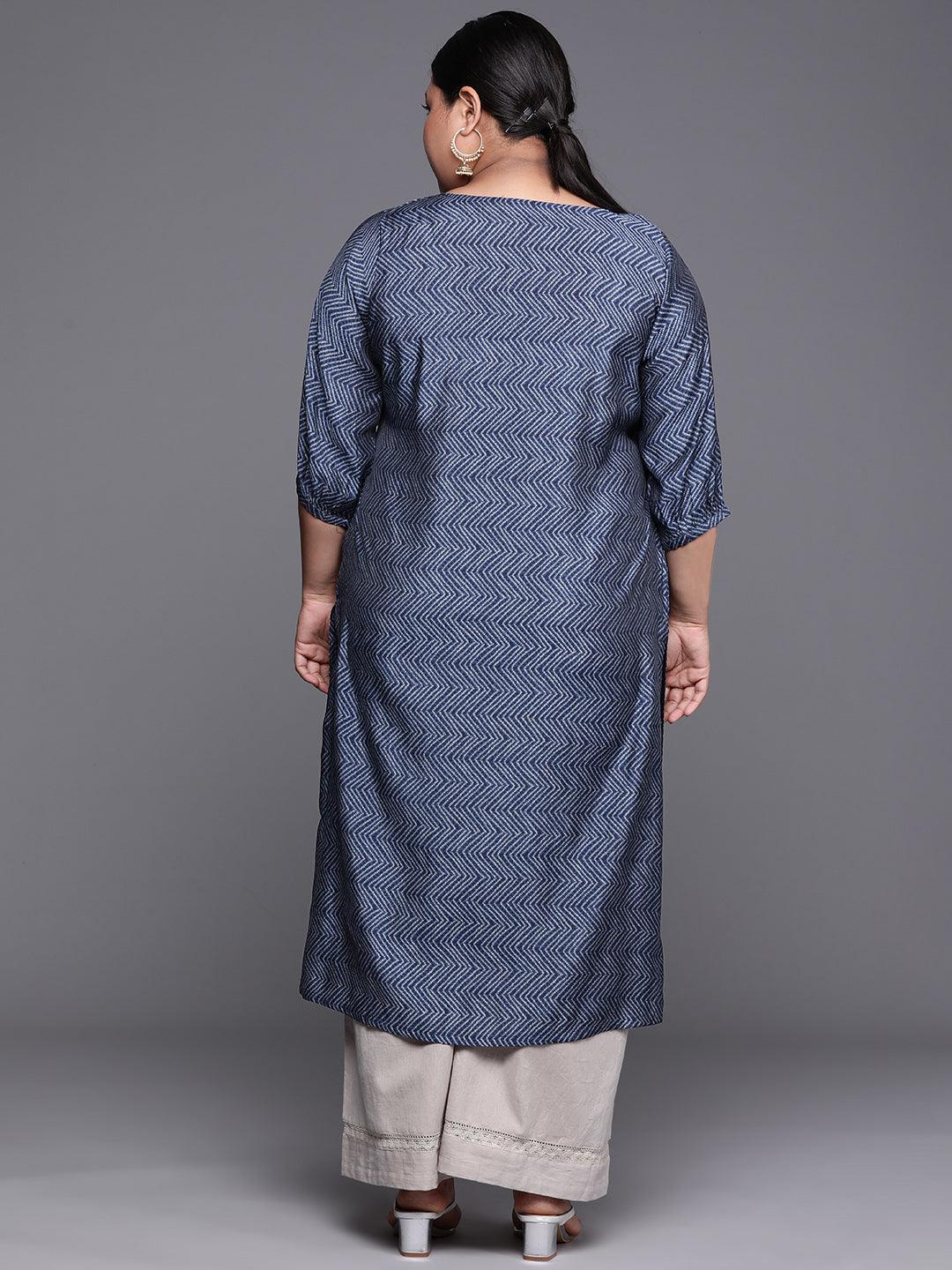 Plus Size Indigo Printed Silk Kurta - Libas