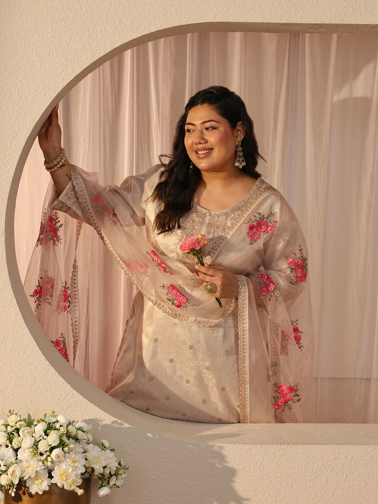 Plus Size Ivory Ethnic Woven Design Silk Blend Straight Suit Set