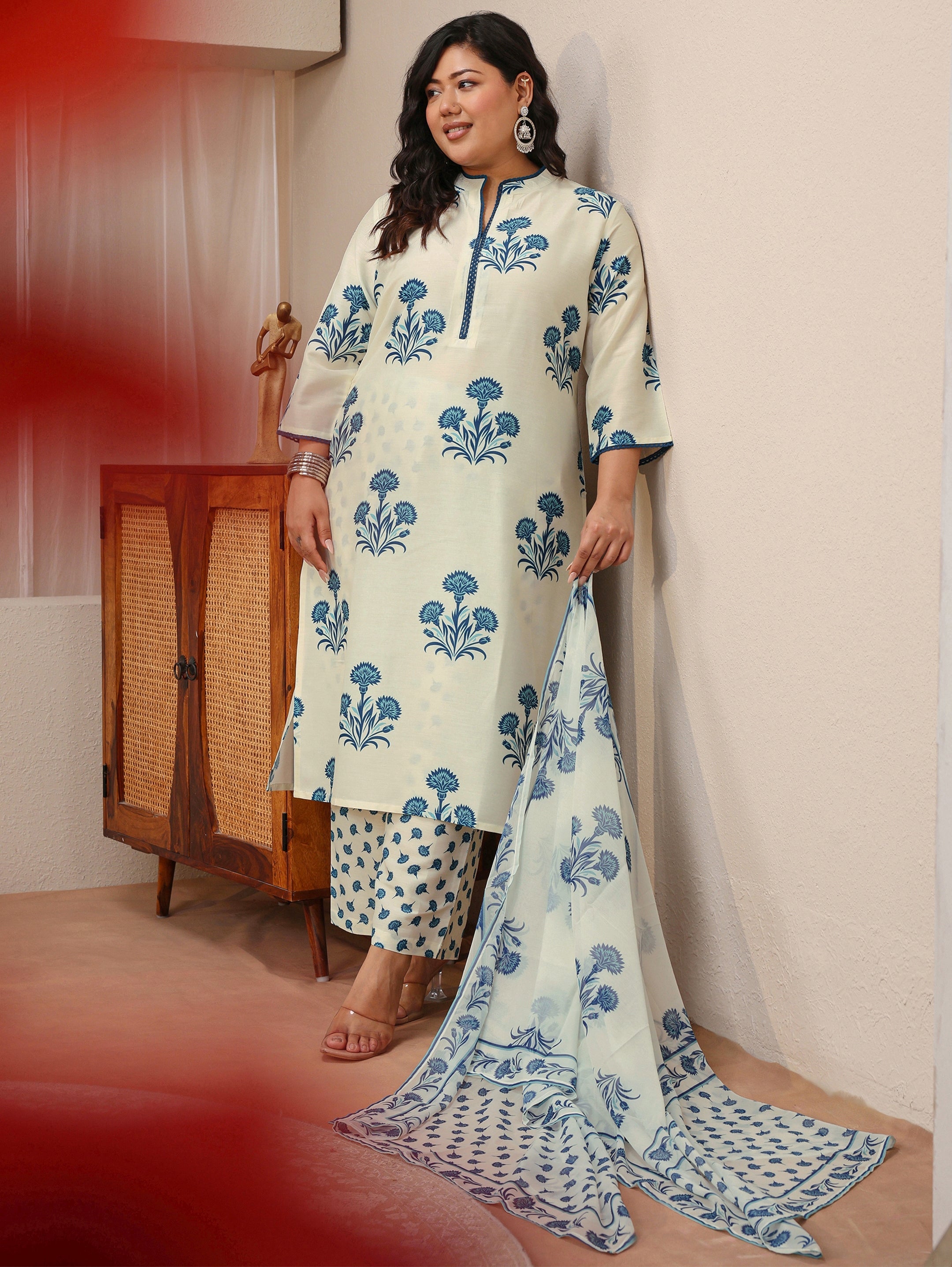 libas Plus Size Ivory Floral Printed Cotton Blend Straight Suit Set-picture-61