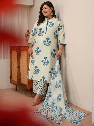 Plus Size Ivory Floral Printed Cotton Blend Straight Suit Set