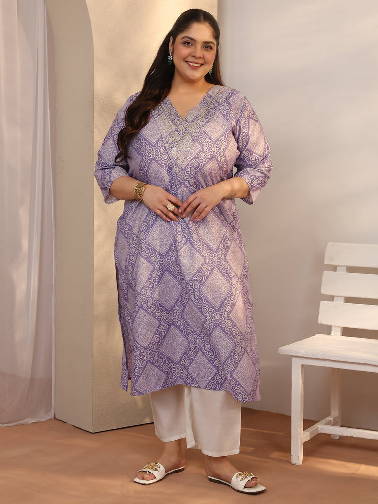 Plus Size Lavender Bandhani Printed Silk Blend Straight Kurta
