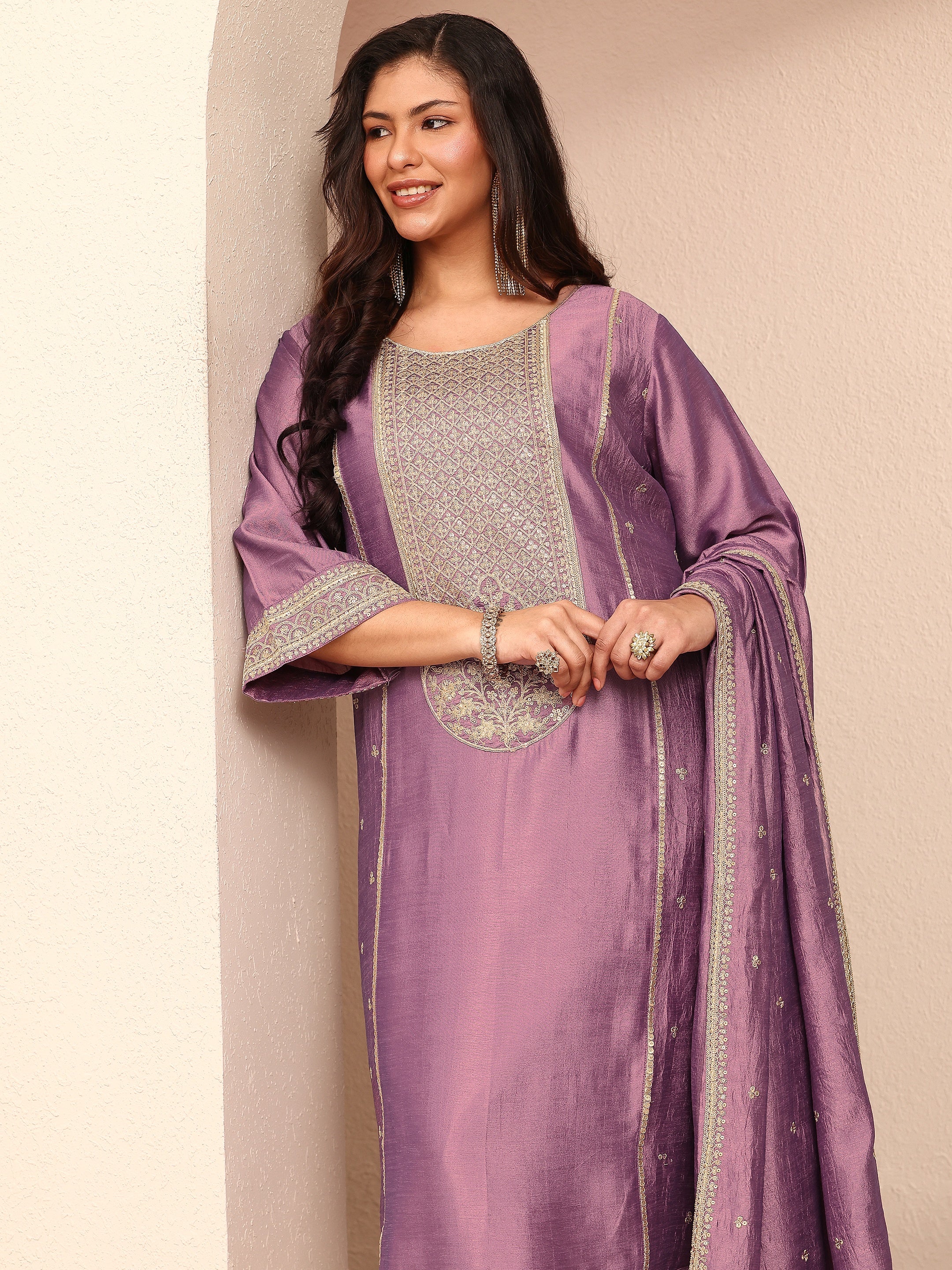 libas Plus Size Lavender Embroidered Plus Size Clothing Silk Blend Straight Suit Set With Dupatta-picture-51