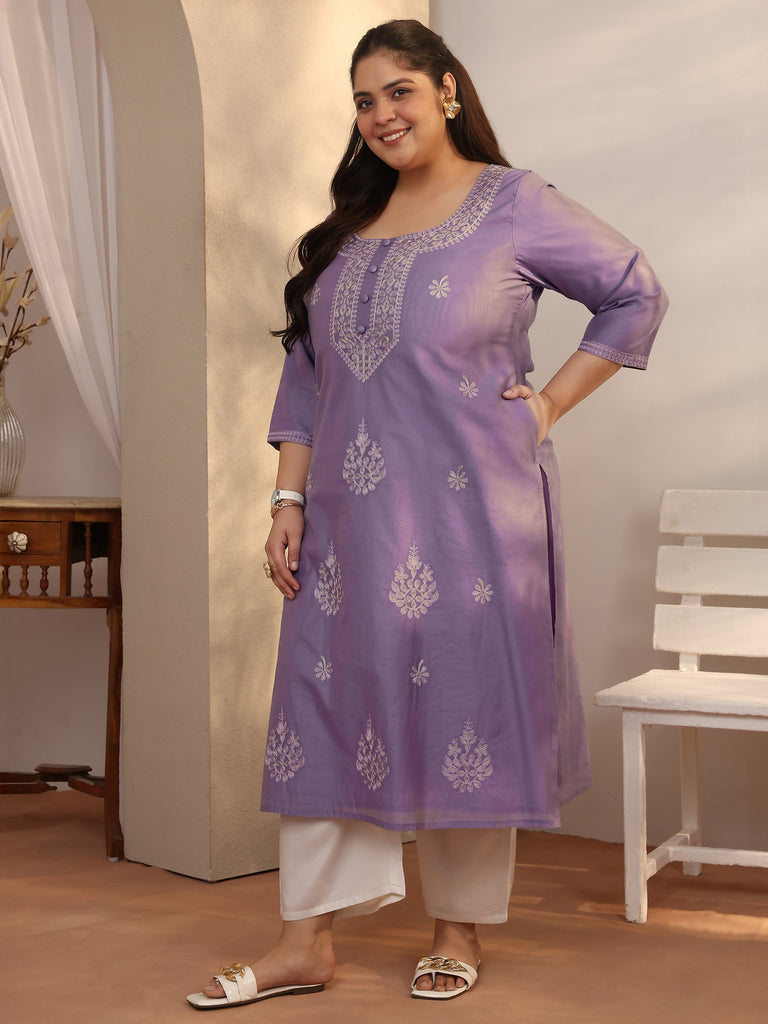 Plus Size Lavender Embroidered Silk Blend Straight Kurta