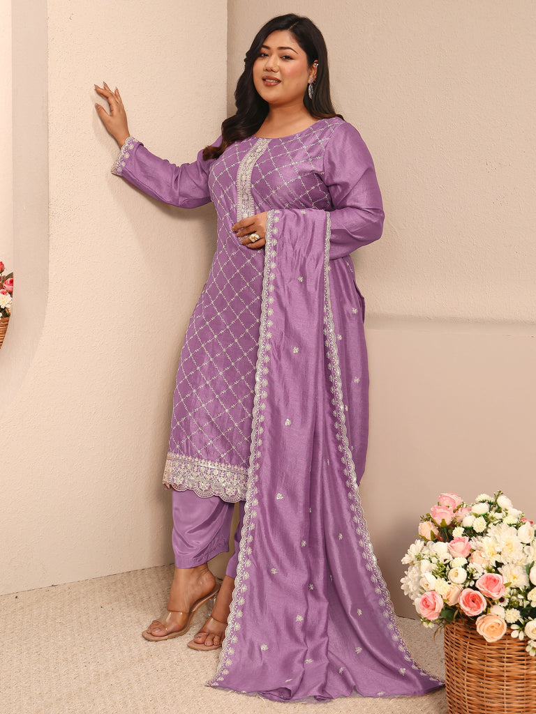 Plus Size Lavender Embroidered Silk Blend Straight Suit Set With Dupatta