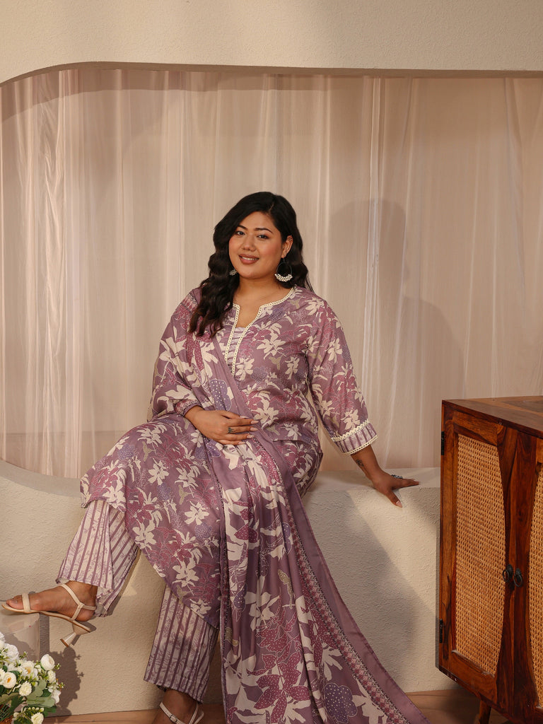 Plus Size Lavender Floral Print Cotton Blend Straight Suit Set