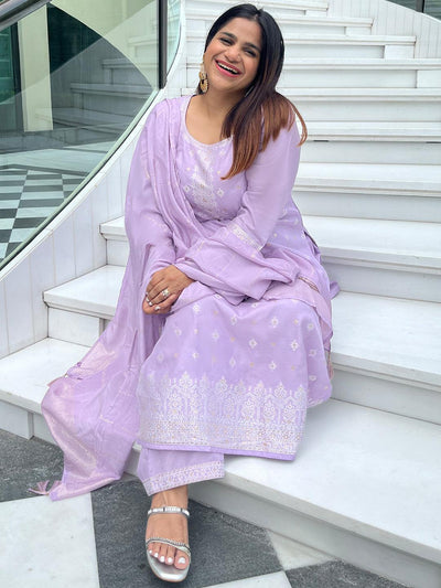 Plus Size Lavender Woven Design Silk Blend Straight Kurta With Trousers & Dupatta - Libas