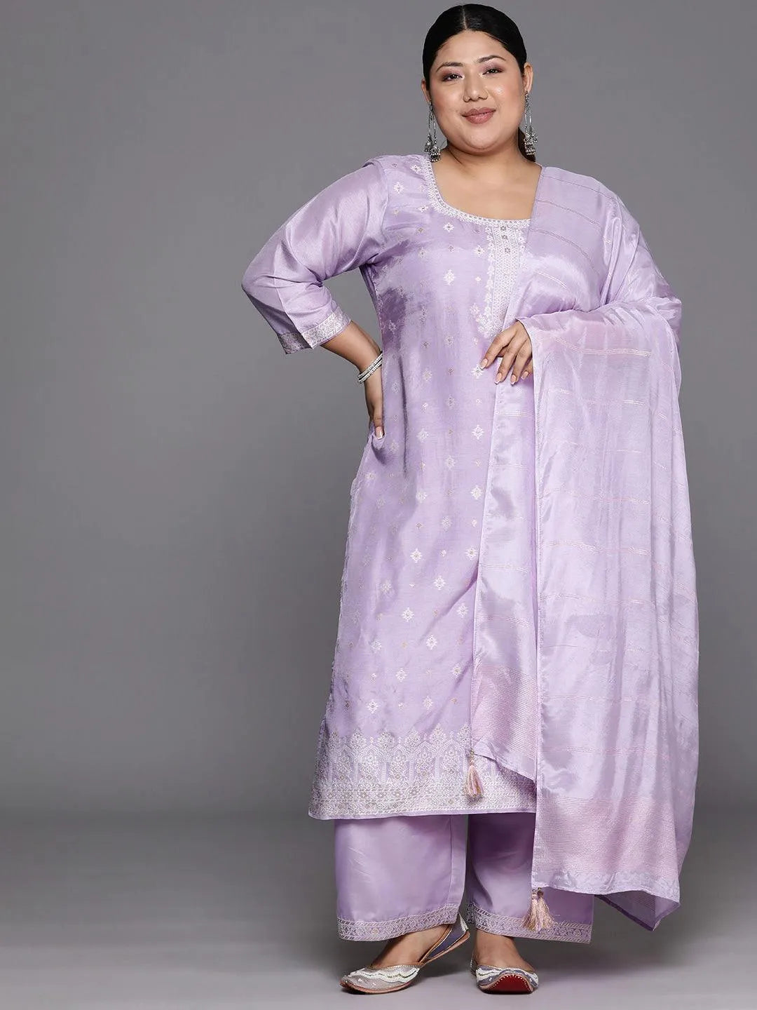 Plus Size Lavender Woven Design Silk Blend Straight Suit Set - Libas