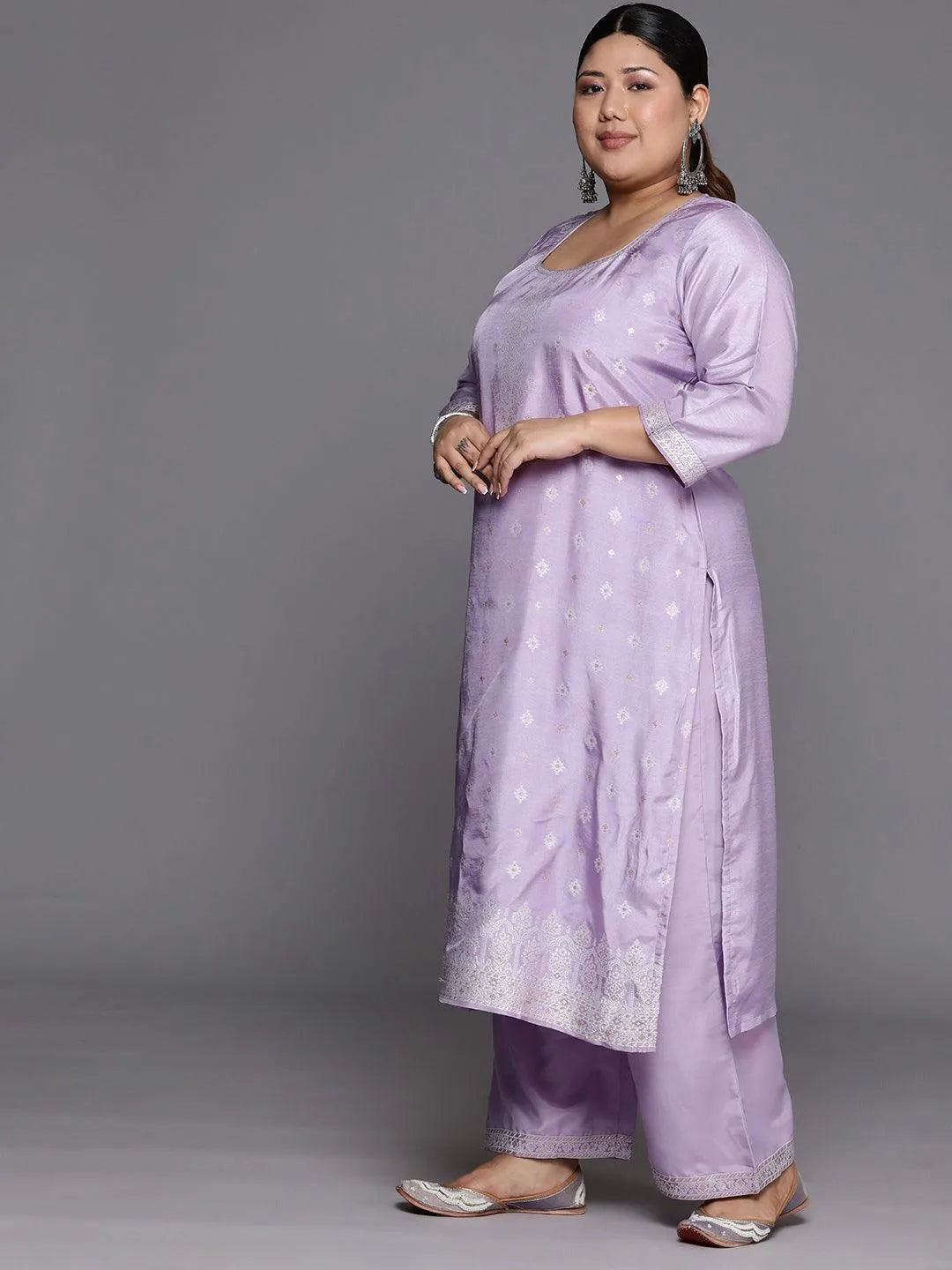 Plus Size Lavender Woven Design Silk Blend Straight Suit Set - Libas 