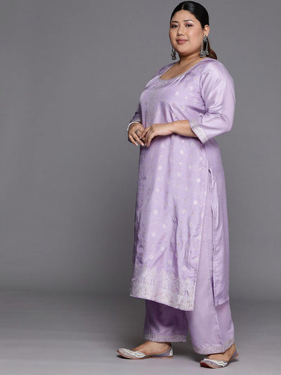 Plus Size Lavender Woven Design Silk Blend Straight Suit Set - Libas