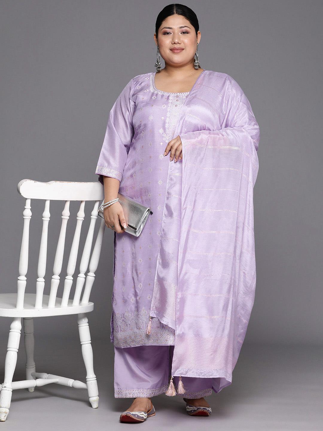 Plus Size Lavender Woven Design Silk Blend Straight Kurta With Trousers & Dupatta