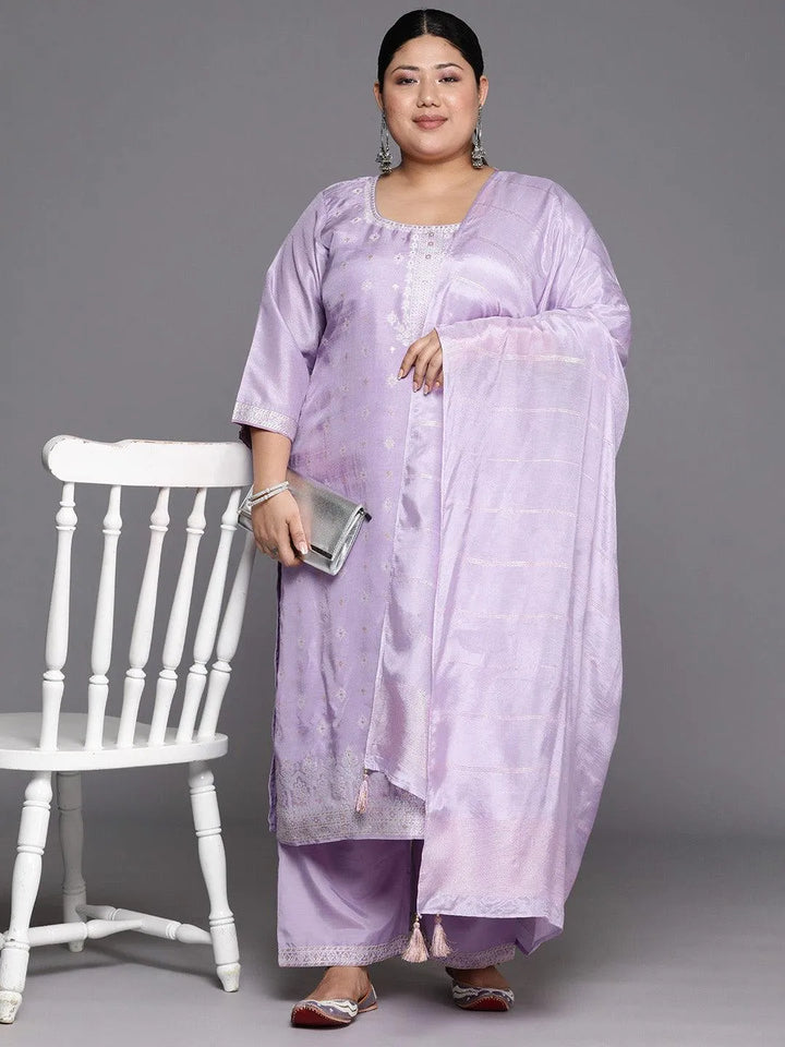 Plus Size Lavender Woven Design Silk Blend Straight Suit Set - Libas