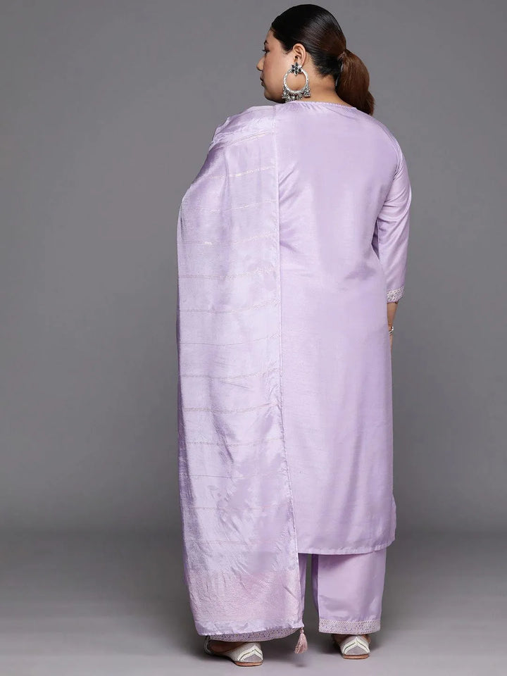 Plus Size Lavender Woven Design Silk Blend Straight Suit Set - Libas