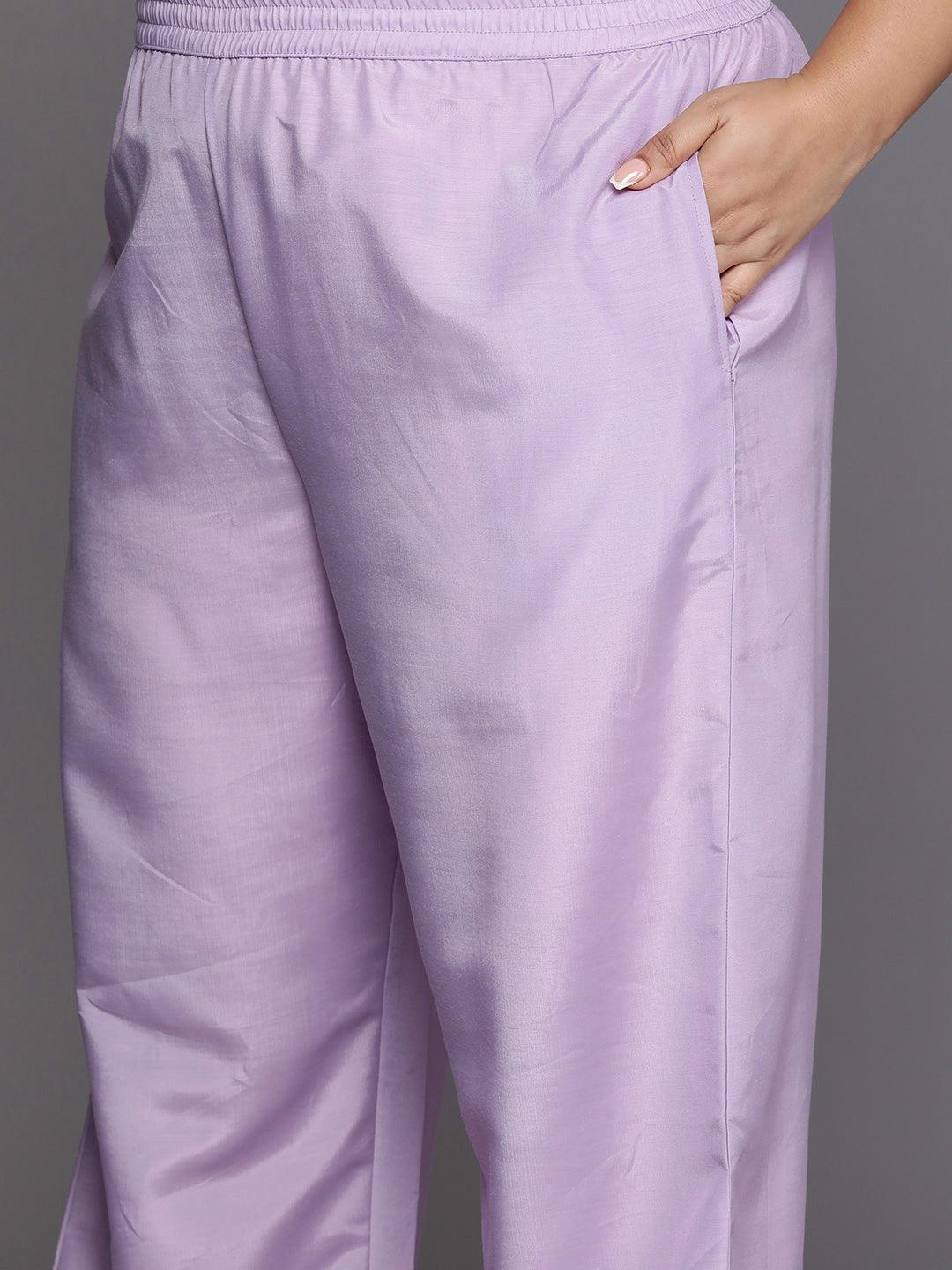 Plus Size Lavender Woven Design Silk Blend Straight Kurta With Trousers & Dupatta