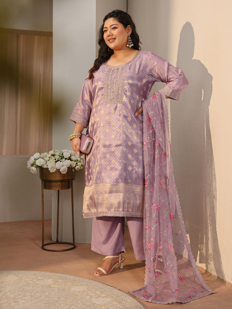 Plus Size Lavender Woven Design Silk Blend Straight Suit Set