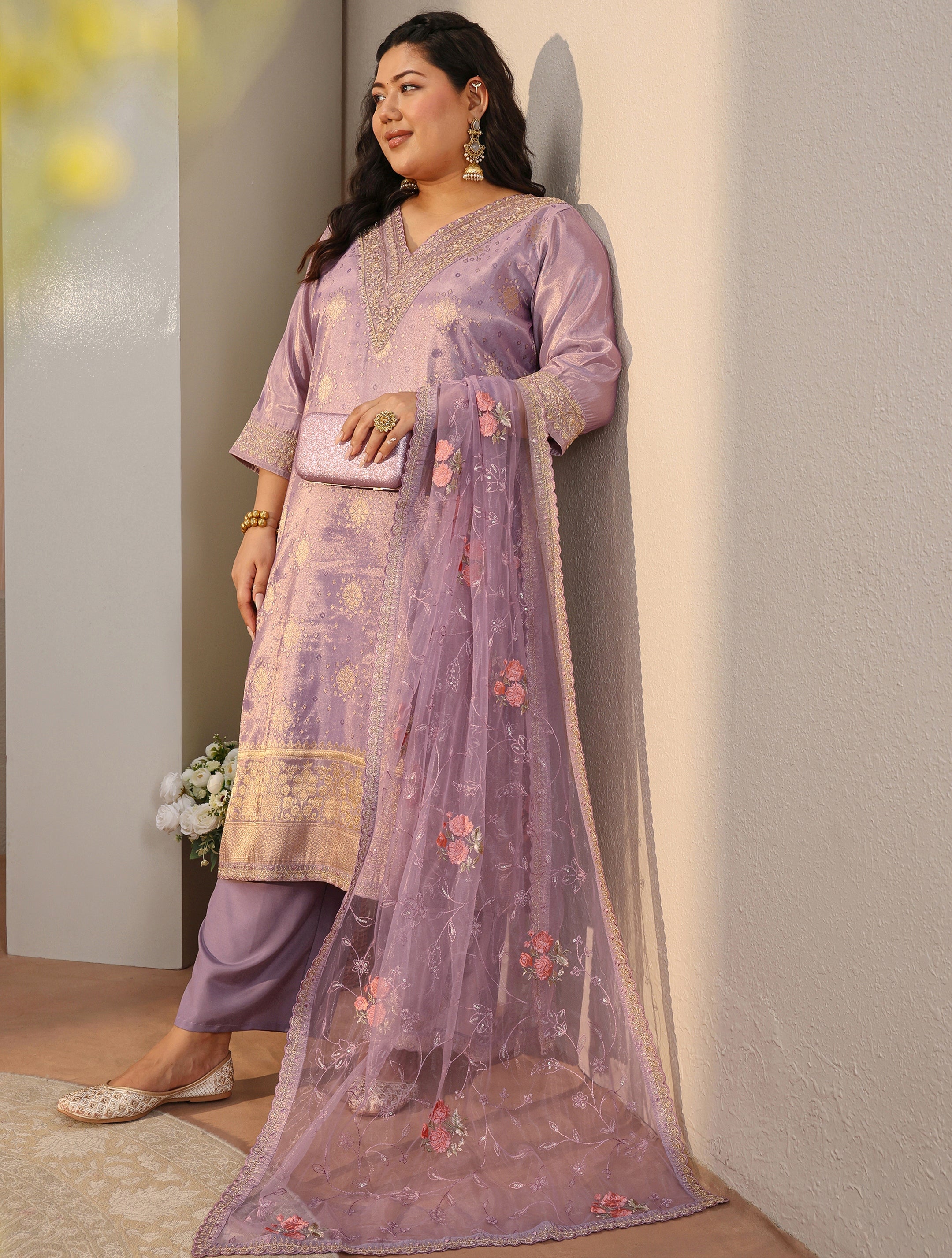 libas Plus Size Lilac Woven Design Silk Blend Straight Suit Set-picture-21