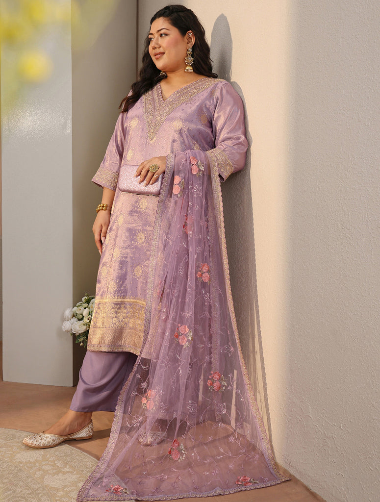 Plus Size Lilac Woven Design Silk Blend Straight Suit Set