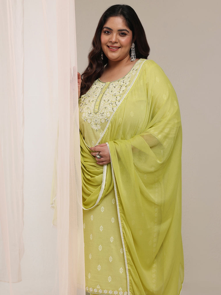 Plus Size Lime Green Embroidered Cotton Blend Straight Suit Set With Dupatta