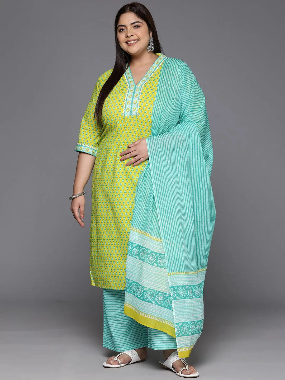 Plus Size Lime Green Printed Cotton Straight Kurta With Trousers & Dupatta - Libas 