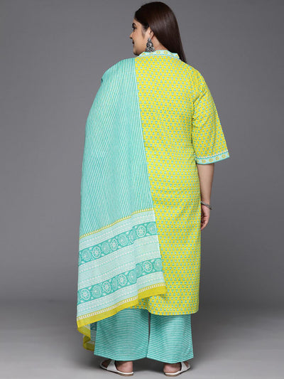 Plus Size Lime Green Printed Cotton Straight Kurta With Trousers & Dupatta - Libas