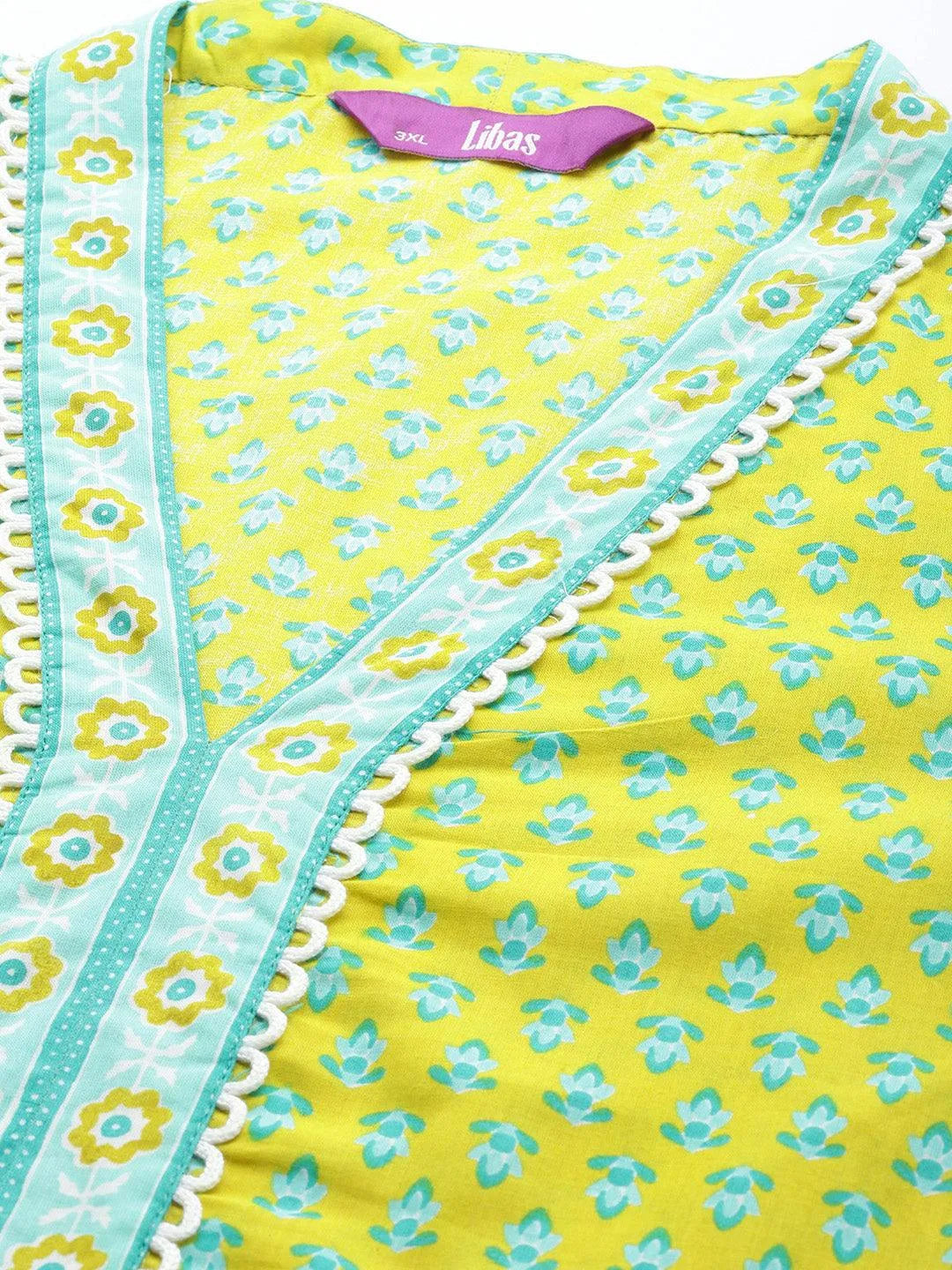Plus Size Lime Green Printed Cotton Straight Kurta With Trousers & Dupatta - Libas 