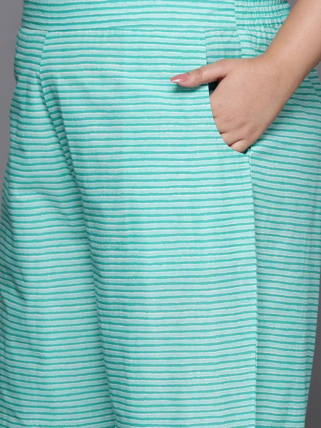 Plus Size Lime Green Printed Cotton Straight Kurta With Trousers & Dupatta - Libas 