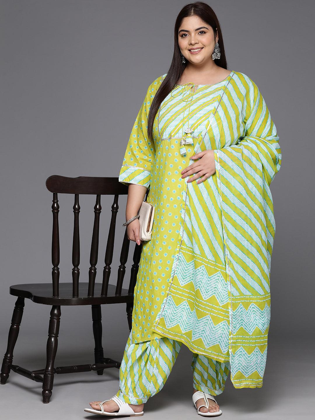 Plus Size Lime Green Yoke Design Cotton Straight Kurta With Salwar & Dupatta - Libas