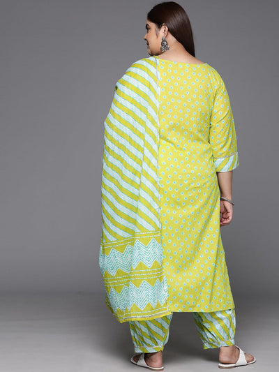 Plus Size Lime Green Yoke Design Cotton Straight Kurta With Salwar & Dupatta - Libas