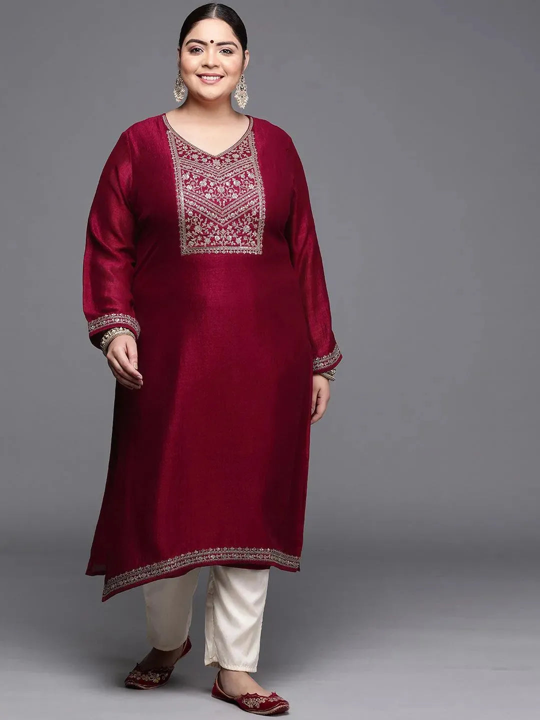 Plus Size Magenta Yoke Design Silk Kurta - Libas