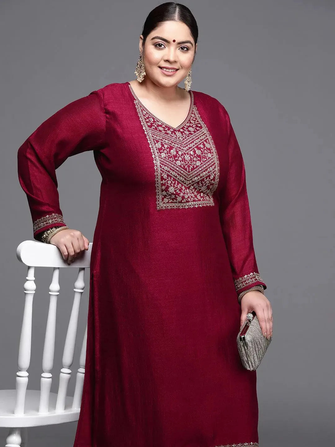 Plus Size Magenta Yoke Design Silk Kurta - Libas