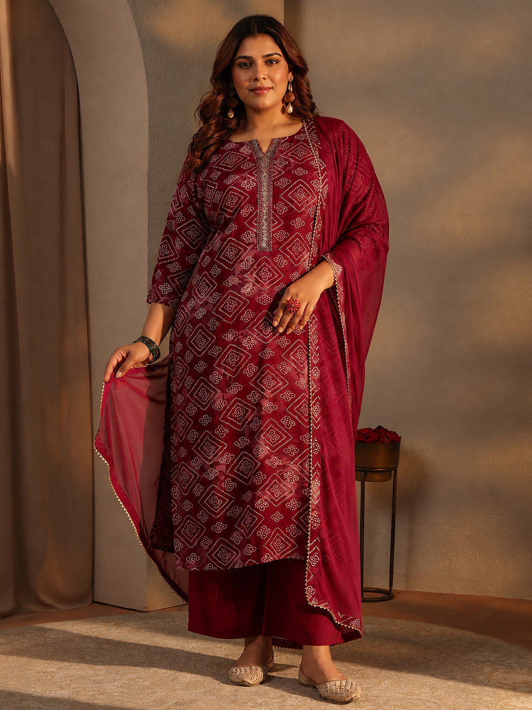  Plus Size Maroon Bandhani Printed Rayon Straight Suit Set 