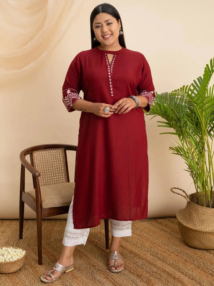 Plus Size Maroon Embroidered Rayon Kurta - Libas