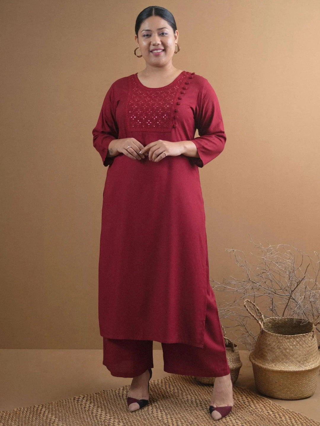 Plus Size Maroon Embroidered Rayon Kurta - Libas