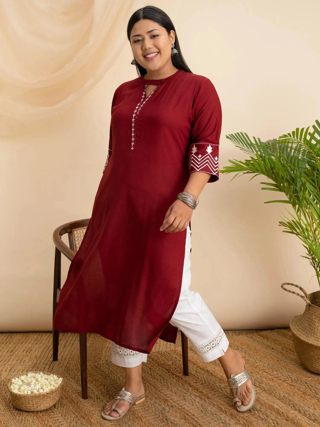 Plus Size Maroon Embroidered Rayon Kurta - Libas