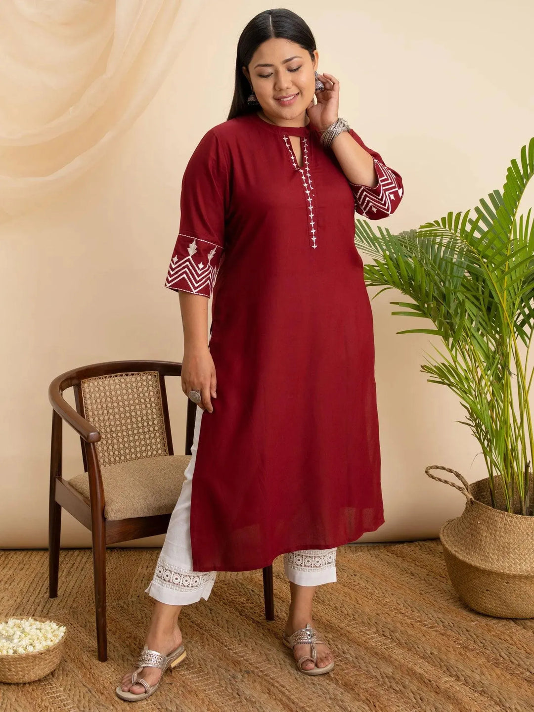 Plus Size Maroon Embroidered Rayon Kurta - Libas 